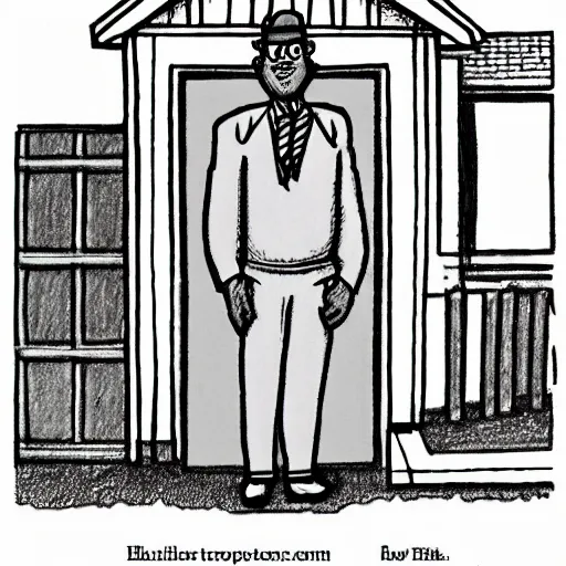 Image similar to a drawing of a man standing in front of a house. He's wearing a shirt and tie, pork pie hat. drawn by Robert Crumb