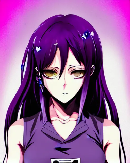 Image similar to style of madhouse studio anime, black lagoon manga, loish, artgerm, comic art, portrait of revy from black lagoon, symmetrical eyes and symmetrical face, jean shorts, white tank top, purple hair, sarcastic evil smirk on face, sky and ocean background