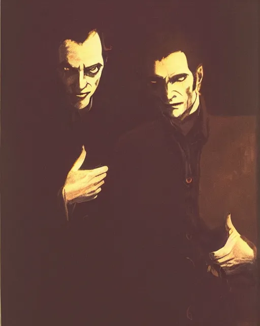 Image similar to two handsome but sinister men wearing oxford shirts in dead space, with haunted eyes, 1 9 7 0 s, seventies, wallpaper, a little blood, moonlight showing injuries, delicate embellishments, painterly, offset printing technique, by brom, robert henri, walter popp