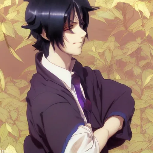 Image similar to small boy with black hair and blue purple eye, school uniform, anime style, hyper detailed, illustration, digital painting, art by artgerm and greg rutkowski and alphonse mucha, high delicate defined details, anime stylized, highly detailed, realistic, sharp focus