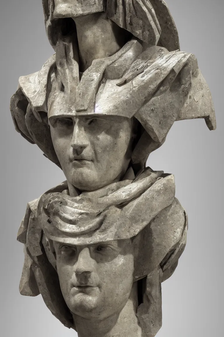 Prompt: a marble bust of the Decepticon Starscream from 4th century rome, museum lighting, sharp focus