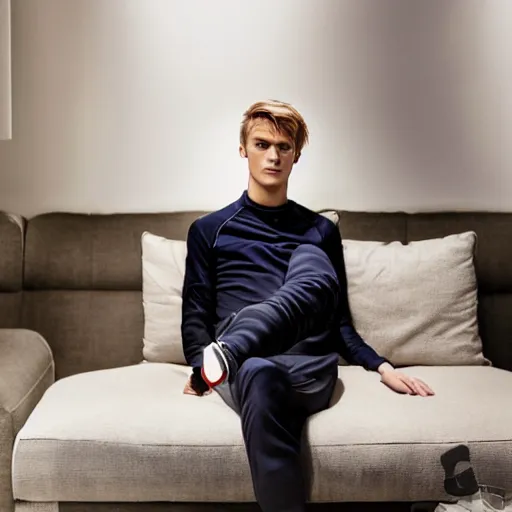 Image similar to a realistic detailed photo of a guy who is an attractive humanoid who is half robot and half humanoid, who is a male android, soccer player martin ødegaard, shiny skin, posing like a statue, blank stare, in a living room, on display