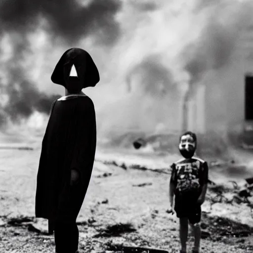 Image similar to A boy wearing a cape and mask, with a haunted look in his eyes, stands in front of a burning building