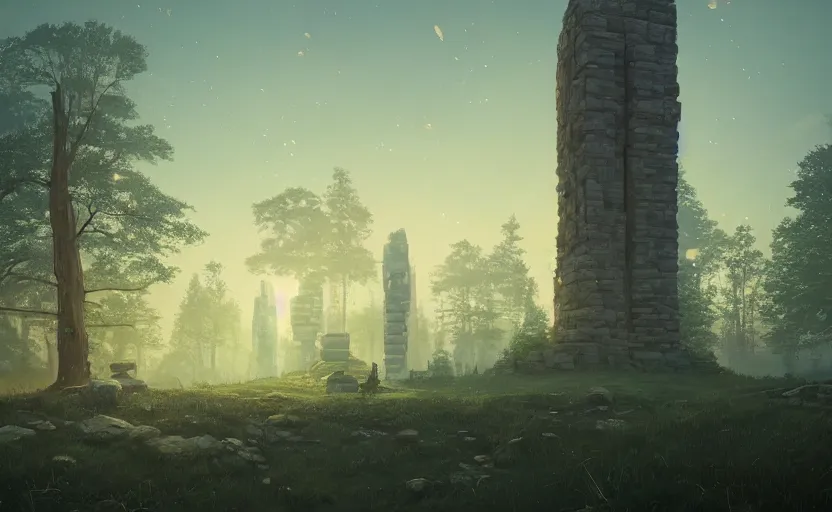 Prompt: A landscape with a giant stone brick tower with pillars on top at sunset, forest, magical portal, cyberpunk, glowing runes, Low level, rendered by Beeple, Makoto Shinkai, syd meade, simon stålenhag, environment concept, synthwave style, digital art, unreal engine, WLOP, trending on artstation, 4K UHD image, octane render,