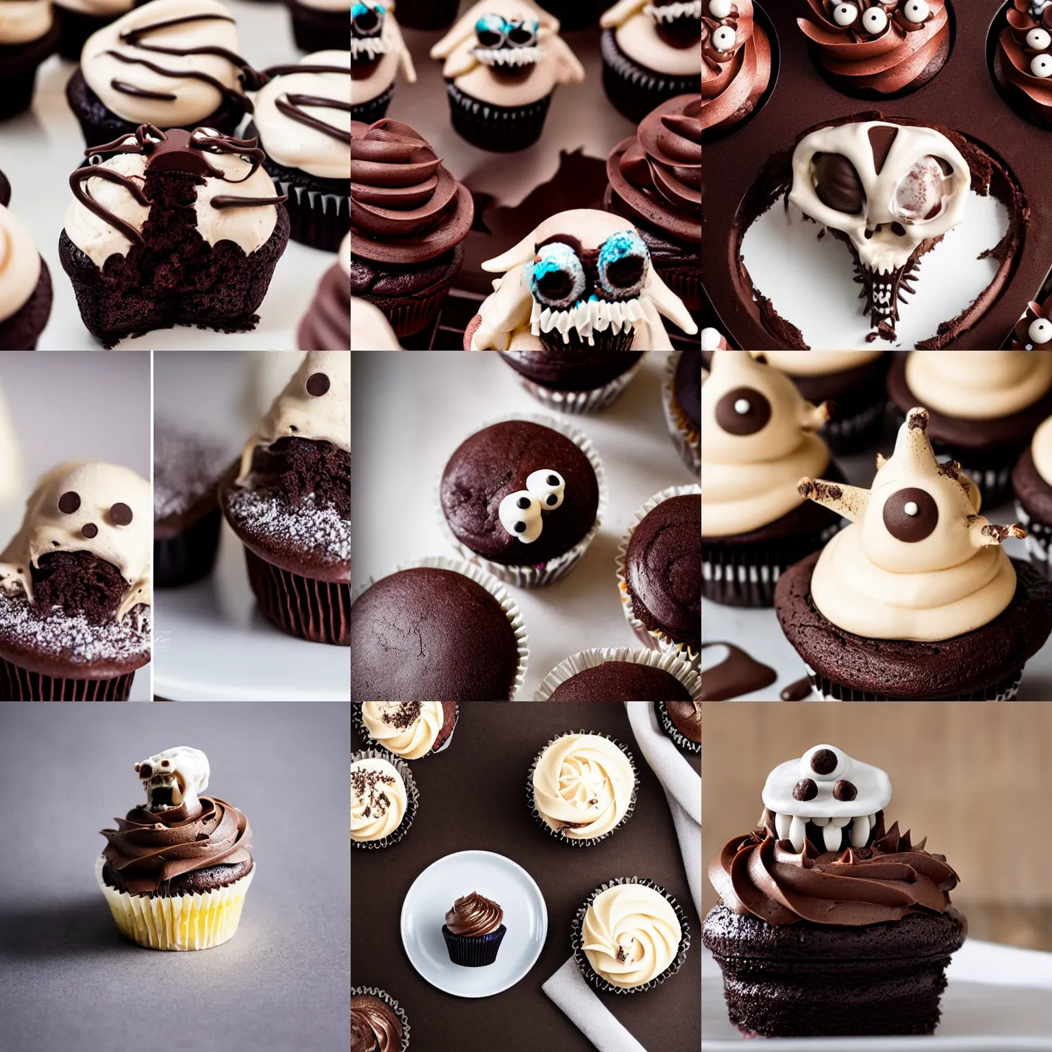 Prompt: a bone creature emerging from a chocolate cupcake, professional food photography