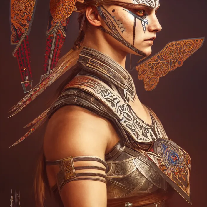 Prompt: symmetry! portrait of a caucasian female warrior, face decorated with chinese patterns, leds, assassin's creed, horizon zero dawn machine, intricate, elegant, highly detailed, digital painting, artstation, concept art, smooth, sharp focus, illustration, art by artgerm and greg rutkowski and alphonse mucha, 8 k