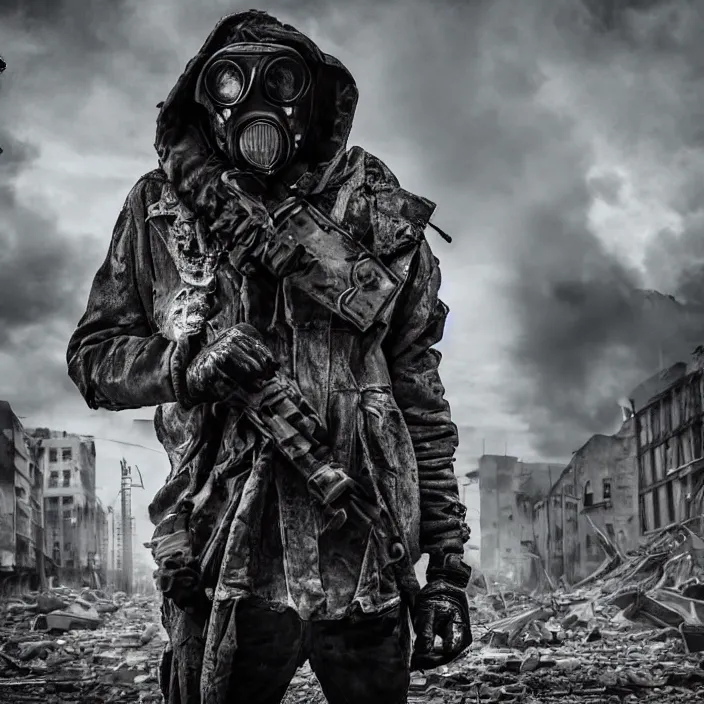 Image similar to gritty hooded apocalyptic man in gas mask standing in street of destroyed city, hyper - detailed, smooth, sharp focus, 4 k ultra hd, fantasy dark art, apocalyptic art