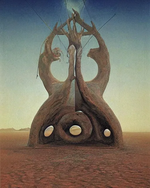 Prompt: a strange big sacred geometry pagan otherworldly monument in the middle of a desert, uncomfortable atmosphere, very expressive, powerful painting, collab by dali, carrington and beksinski