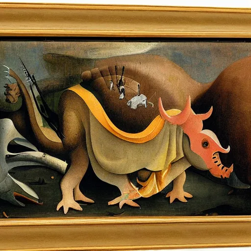 Prompt: Stunning painting of a triceratops by Hieronymus Bosch, high detail