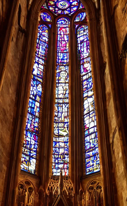Prompt: photo inside a cathedral, ambient lighting, large rose window, stained glass, Winnie the Pooh characters