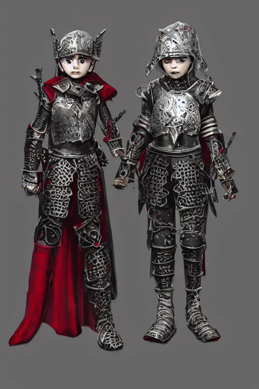 Image similar to Render of Young Olsen twins as a medieval fantasy knight wearing dark steel scale armor and garments, red and blue jewerly ornaments, emerald jewelry, high fantasy, gothic, Sparth style, Final Fantasy style, Tsutomu Nihei style, Emil Melmoth style, Craig Mullins style, Shinkawa style, centered image, golden hour, soft lighting aesthetic, volumetric lighting,