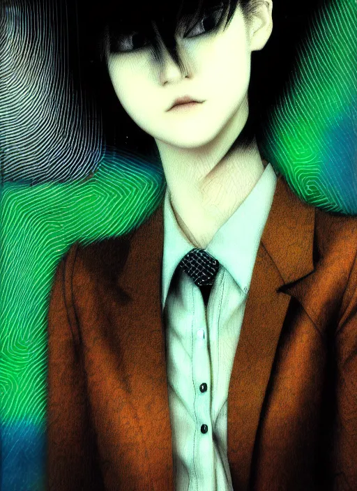 Image similar to yoshitaka amano blurred and dreamy realistic three quarter angle portrait of a young woman with short hair and black eyes wearing office suit with tie, junji ito abstract patterns in the background, satoshi kon anime, noisy film grain effect, highly detailed, renaissance oil painting, weird portrait angle, blurred lost edges