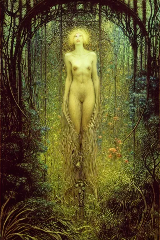 Image similar to enchanted garden by jean delville, luis royo, beksinski, grimshaw