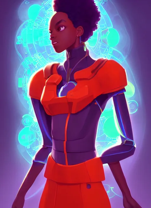 Image similar to afro - futurist engineer in a lab studying holographic schematics + full body | hyperrealistic digital painting by makoto shinkai, ilya kuvshinov, lois van baarle, rossdraws | afrofuturism in the style of hearthstone and overwatch, trending on artstation | orange highlights and complimentary colors