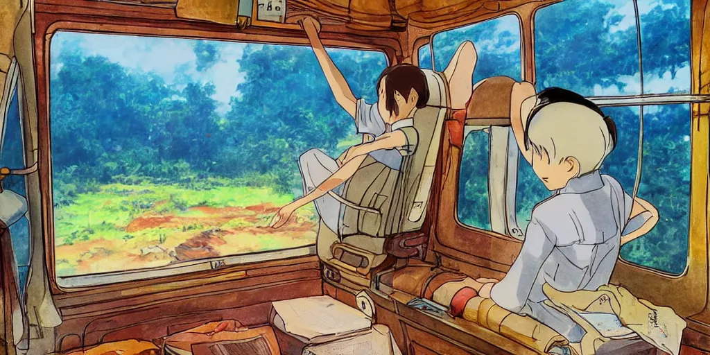 Image similar to inside sri lankan train, drawn by hayao miyazaki