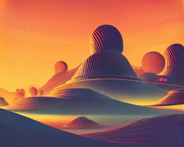 Image similar to retro futuristic landscape inspired by phillipe stark, art by mike winkelmann, golden hour, illustration, highly detailed, simple, smooth and clean vector curves, no jagged lines, vector art, smooth, artstation