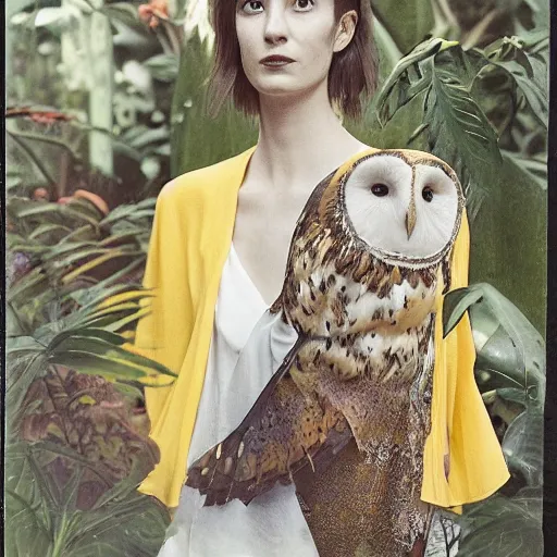 Prompt: head to shoulder portrait Polaroid film photograph of an elegant top model wearing a yellow kimono with a very detailed barn owl on her shoulder!!! in a tropical greenhouse. looking at the camera!!. super resolution. Polaroid 600 film. art by Alessio albi and ashley wood and Edmund Blair Leighton