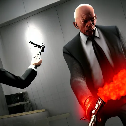 Prompt: morgan freeman being eliminated by agent 47 in the videogame Hitman blood money (2005), screenshot, 4k