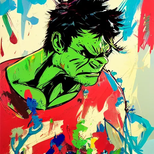 Prompt: baby hulk art by ashley wood, jim mahfood, traditional painting, yoji shinkawa, jamie hewlett, 6 0's french movie poster, french impressionism, vivid colors, palette knife and brush strokes, paint drips, 8 k, hd, high resolution print