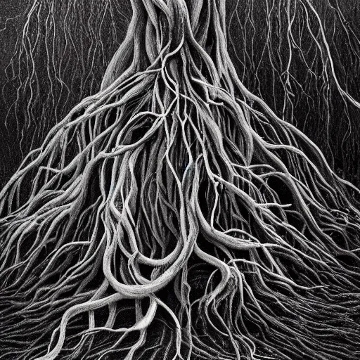 Image similar to award - winning painting of pitch black, tar - like, shadow roots with lots of tendrils spreading everywhere, intricate detail, deep black roots, infestation, shadowy, lovecraftian, beksinksi, black and white, chiaroscuro, myzelium