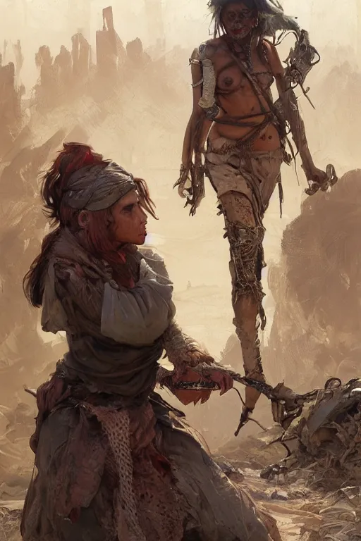 Image similar to a full body portrait of a beautiful post apocalyptic offworld inventors district bedouin blind pulp fiction scarlet wild rogue barbarian leper begging by the roadside, intricate, elegant, highly detailed, digital painting, artstation, concept art, smooth, sharp focus, illustration, art by krenz cushart and artem demura and alphonse mucha