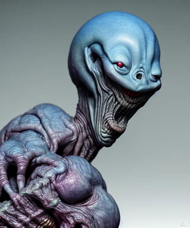 Image similar to hyperrealistic rendering, grey alien, by art of skinner and richard corben and jeff easley, product photography, action figure, sofubi, studio lighting, colored gels