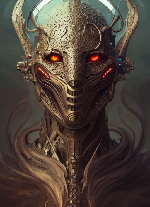 Image similar to organic cyborg, dragon mask, diffuse lighting, fantasy, intricate, elegant, highly detailed, lifelike, photorealistic, digital painting, artstation, illustration, concept art, smooth, sharp focus, art by John Collier and Albert Aublet and Krenz Cushart and Artem Demura and Alphonse Mucha