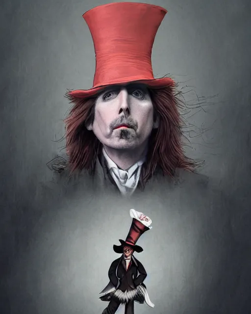 Image similar to tom petty as the mad hatter, contrast, kim jung gi, greg rutkowski, zabrocki, karlkka, jayison devadas, trending on artstation, 8 k, ultra wide angle, zenith view, pincushion lens effect