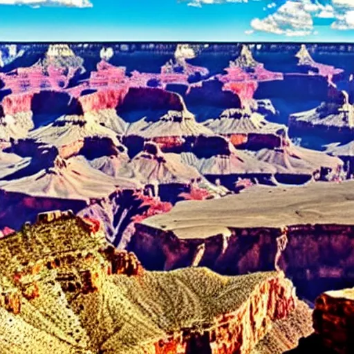 Prompt: color still of the grand canyon filled with blue water, sunny, blue fluffy clouds,