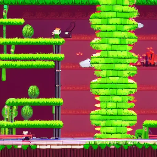 Image similar to side scroller video game of man in landscape of giant asparagus