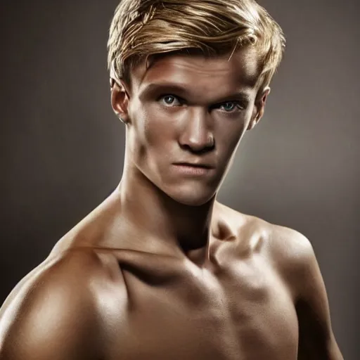 Image similar to a realistic detailed photo of a guy who is an attractive humanoid who is half robot and half humanoid, who is a male android, soccer player martin ødegaard, shiny skin, posing like a statue, blank stare, in a living room, on display, showing off his muscles, gold soccer shorts, side view