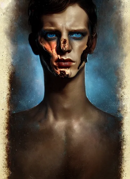 Image similar to a threatening portrait of a burned man with beautiful blue eyes and short brown hair, art by manuel sanjulian and tom bagshaw