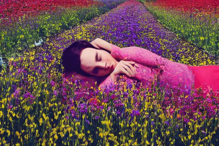 Image similar to close-up flower field with sleeping woman, retrofuturism