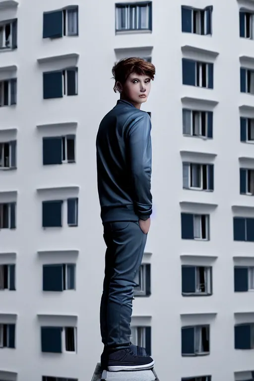 Image similar to un ultra high definition studio quality photographic art portrait of a young man standing on the rooftop of a british apartment building wearing soft padded silver pearlescent clothing. three point light. extremely detailed. golden ratio, ray tracing, volumetric light, shallow depth of field. set dressed.