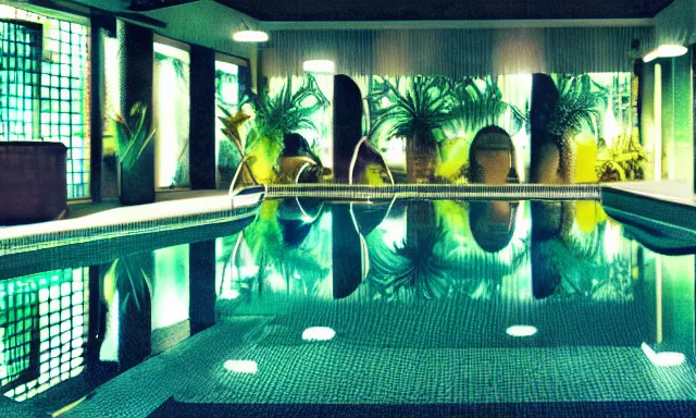 Image similar to indoor pool with ferns and palm trees at night, pool tubes, chromatic abberation, dramatic lighting, depth of field, 80s photo