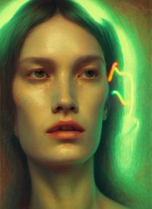 Prompt: woman, portrait close-up, neon, RGB, glowing wires everywhere, pristine, by Edgar Maxence and Ross Tran, Zdzisław Beksiński, and Michael Whelan, distant, gustav dore, H.R. Giger, 8k, octane render