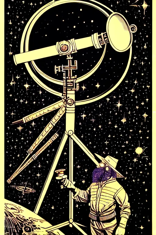 Image similar to wizard looking into a telescope, high details, intricately detailed, by vincent di fate, inking, 3 color screen print, masterpiece, trending on artstation,, sharp, details, hyper - detailed, hd, 4 k, 8 k