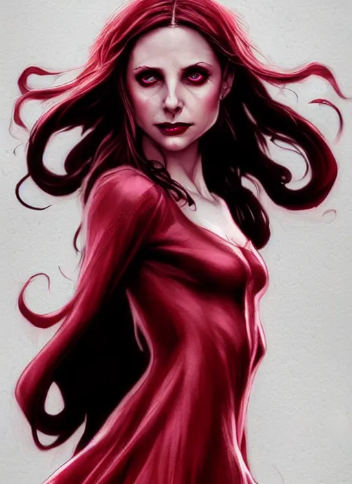 Image similar to Scarlet witch outfit Sarah Michelle Gellar, black magic, realistic character concept, full body, scary pose, comic book, illustration,;cinematic lighting, high resolution, Charlie Bowater, Norman Rockwell, symmetrical eyes, single face, insanely detailed and intricate, beautiful