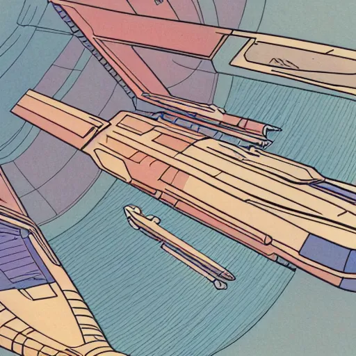 Prompt: flat color illustration of futuristic spacecraft by moebius