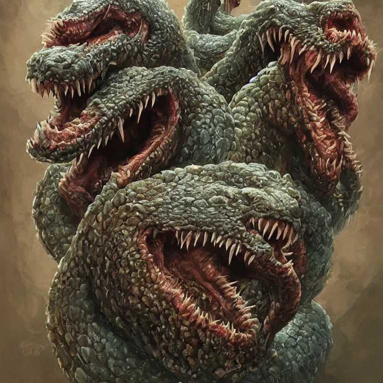 Image similar to two - headed hydra of lerna, jim carey as lloyd christmas and jeff daniels as harry dunne ( from dumb and dumber ), serpentine water monster, aquatic, d & d, fantasy, portrait, highly detailed, digital painting, trending on artstation, concept art, sharp focus, illustration, art by artgerm and greg rutkowski and magali villeneuve
