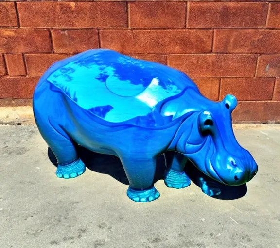 Image similar to a sculpture of hippo baby, bottom half wood!!!!! carved, top half blue translucid resin epoxy, cubic blocks, side view centered, studio