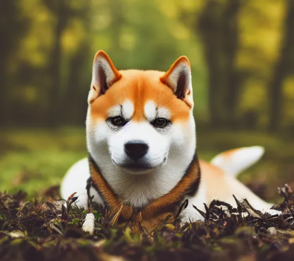 Image similar to a portrait of shiba inu with a mushroom cap growing on its head. intricate. lifelike. soft light. sony a 7 r iv 5 5 mm. cinematic post - processing