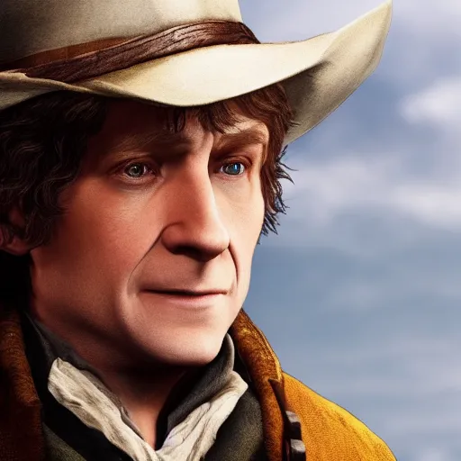 Prompt: Film still of Bilbo Baggins, from Red Dead Redemption 2 (2018 video game)