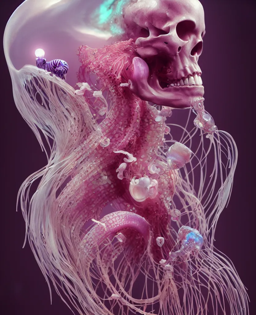 Image similar to goddess close - up portrait human skeleton, ram skull, jellyfish, orchid, betta fish, bioluminiscent, intricate artwork by tooth wu and wlop and beeple. octane render, trending on artstation, greg rutkowski very coherent symmetrical artwork. cinematic, hyper realism, high detail, octane render, 8 k