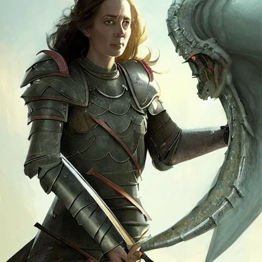 Prompt: emily blunt as a medieval knight, sword plunging into a dragon, shield held high protecting her from its flaming breath, fantasy art by greg rutkowski