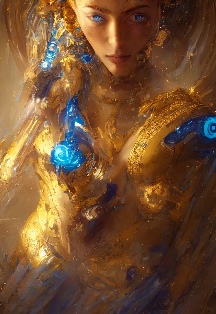 Image similar to the electronexus , goddess with golden skin with blue adornments ,Wadim Kashin, artgerm, XF IQ4, f/1.4, ISO 200, 1/160s, 8K, RAW, featured in artstation, illustrative, elegant, intricate, 8k