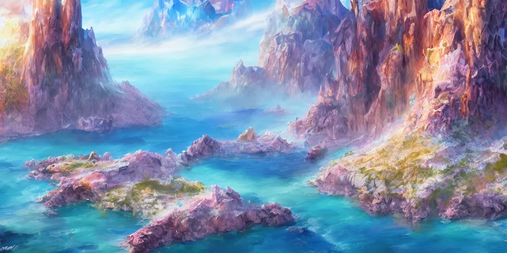 Image similar to salt covered islands surrounded by colourful rugged crystal quartz mountains, illustration, bright sunlight, sun glints, sunrays, digital art, oil painting, fantasy, 8 k, trending on artstation, detailed