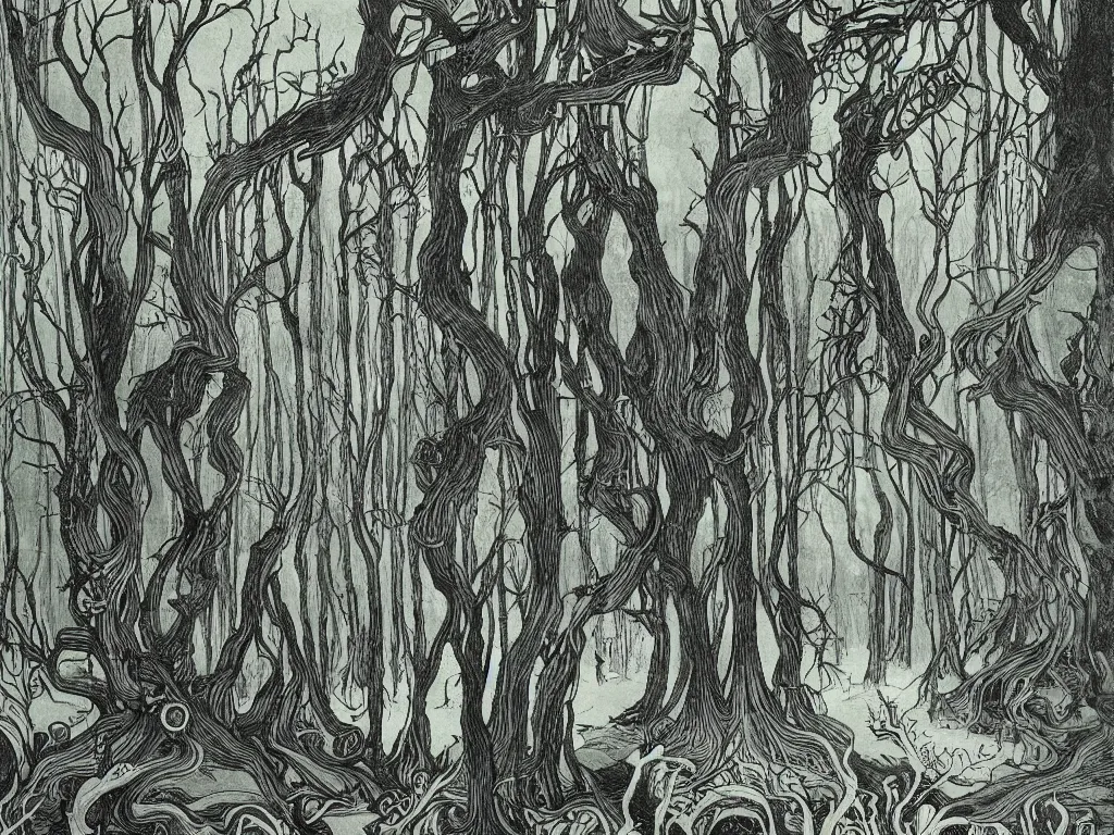 Image similar to dense forest, artstation, by aubrey beardsley, by caspar david friedrich, by laurie lipton, by kay nielsen, by ivan shishkin, calligraphy, divine, paradox, gnarly trees, terrifying, witchcraft!, hope, mountains in background