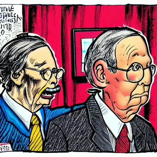 Image similar to The Artwork of R. Crumb and his Cheap Suit Mitch McConnell and Nancy Pelosi, pencil and colored marker artwork, trailer-trash lifestyle