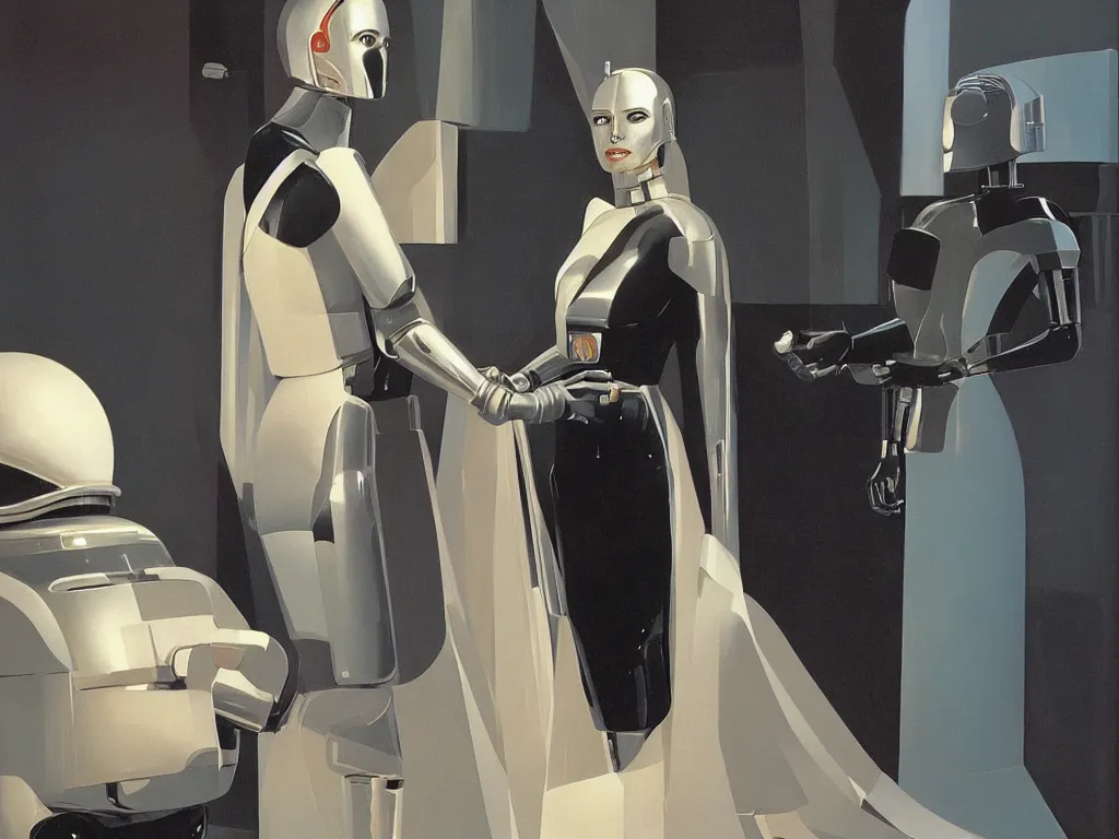 Prompt: a Royal portrait of chrome android woman as illustrated by Ralph Mcquarrie. 1991
